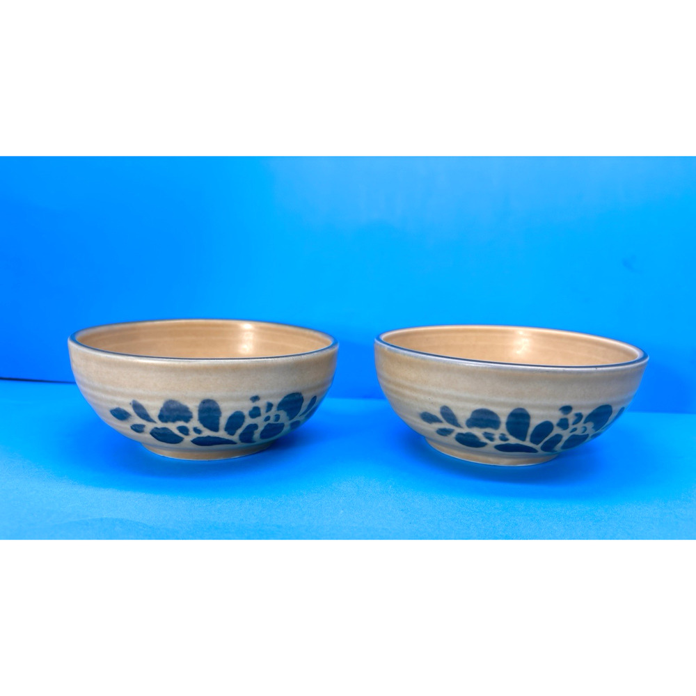 Vintage 2pc Pfaltzgraff Folkart SToneware Bowls 008 800 small Brown Blue Floral - Picture 11 of 16